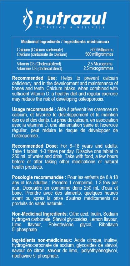 Nutrazul Calcium + Vitamin D3 - Effervescent Tablets - 500 mg - 60 Tablets - Flavour Lemon, Lime
