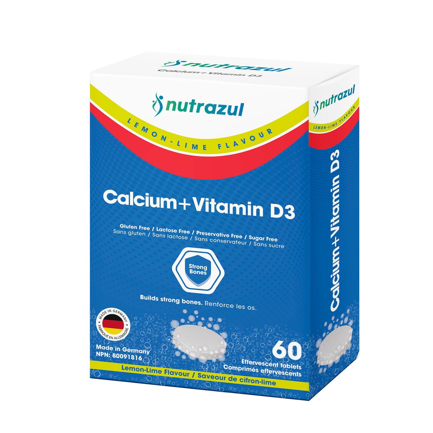 Nutrazul Calcium + Vitamin D3 - Effervescent Tablets - 500 mg - 60 Tablets - Flavour Lemon, Lime
