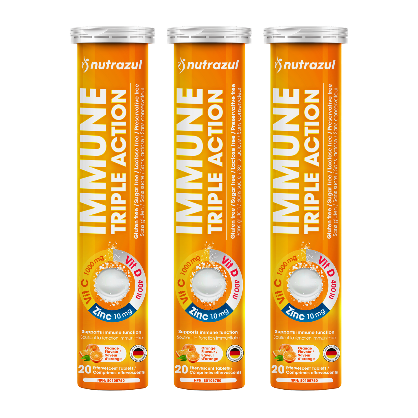 Nutrazul Immune Triple Action Effervescent Tablets - Vitamin C 1000 mg, Vitamin D 400 IU, Zinc 10mg I Orange 20's ( Pack of 3)