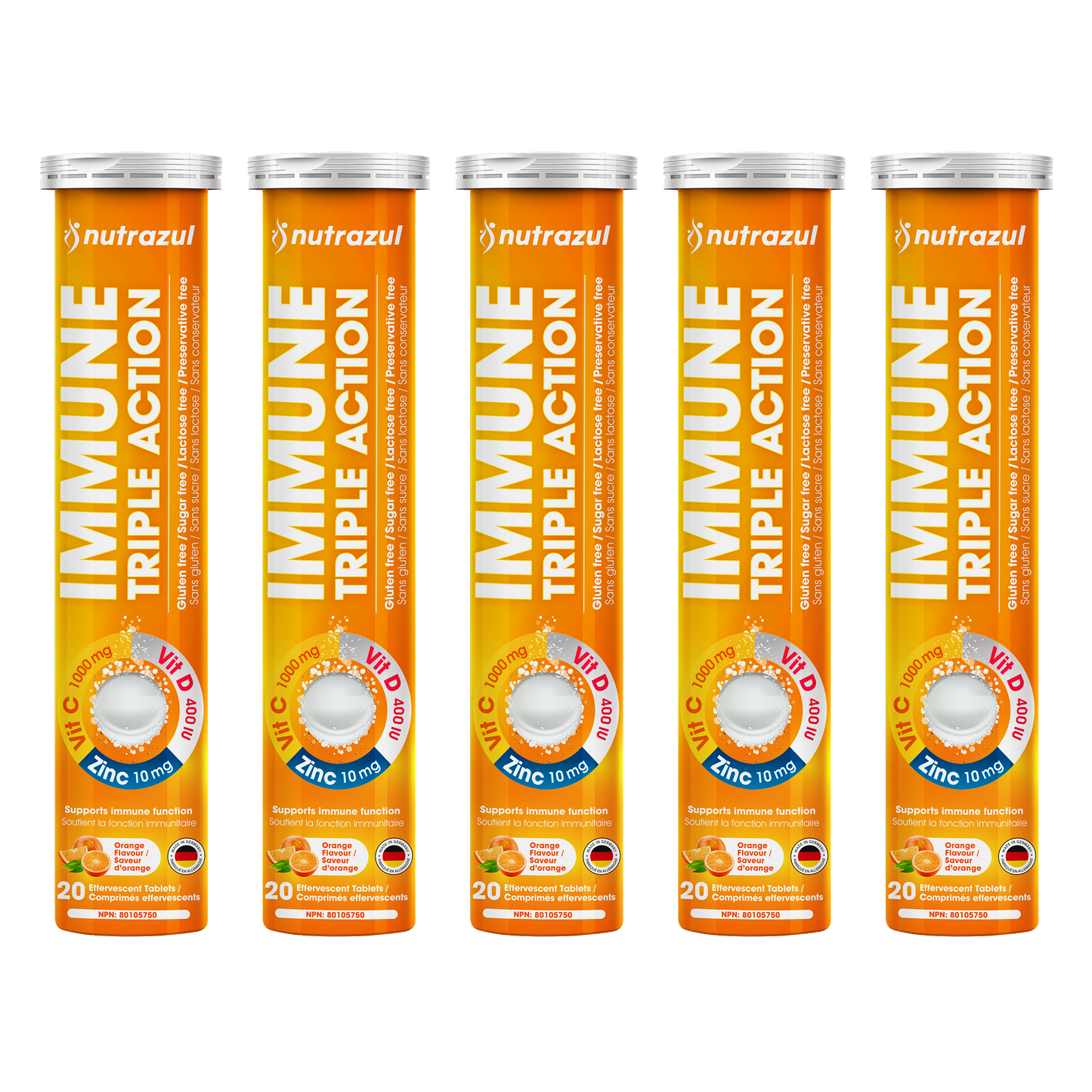 Nutrazul Immune Triple Action Effervescent Tablets - Vitamin C 1000 mg, Vitamin D 400 IU, Zinc 10mg I Orange 20's ( Pack of 5)