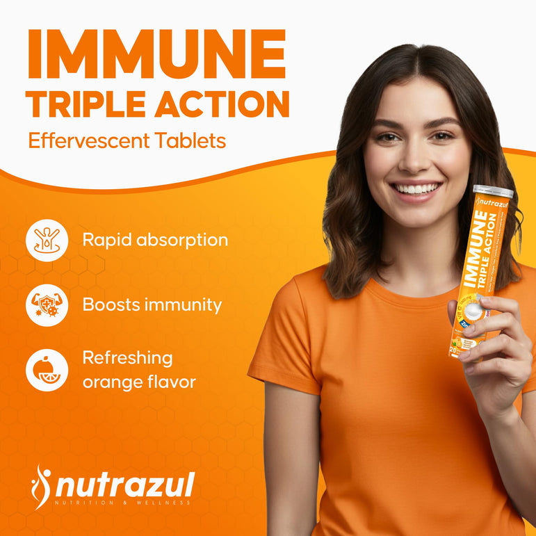 Comprimés effervescents Nutrazul Immune Triple Action - Vitamine C 1000 mg, vitamine D 400 UI, zinc 10 mg, orange, 20 comprimés (lot de 3)