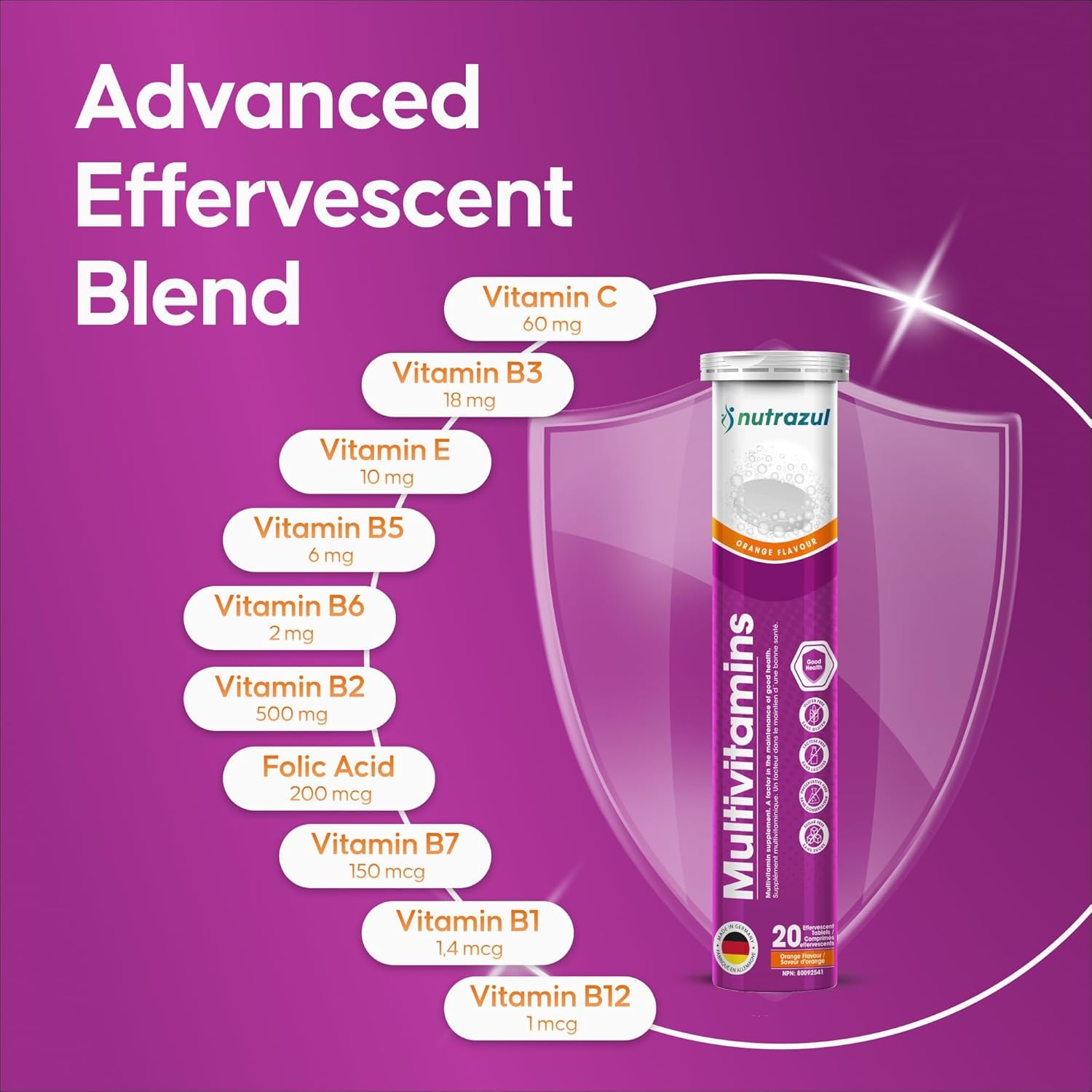 Nutrazul® Multivitamin Effervescent Tablets | Immune Support with 9 Essential Vitamins, 60 Tablets, Orange Flavor