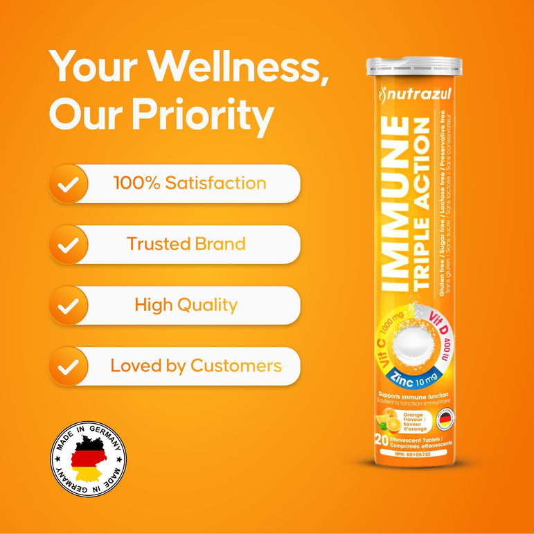 Comprimés effervescents Nutrazul Immune Triple Action - Vitamine C 1000 mg, vitamine D 400 UI, zinc 10 mg, orange, 20 comprimés (lot de 3)