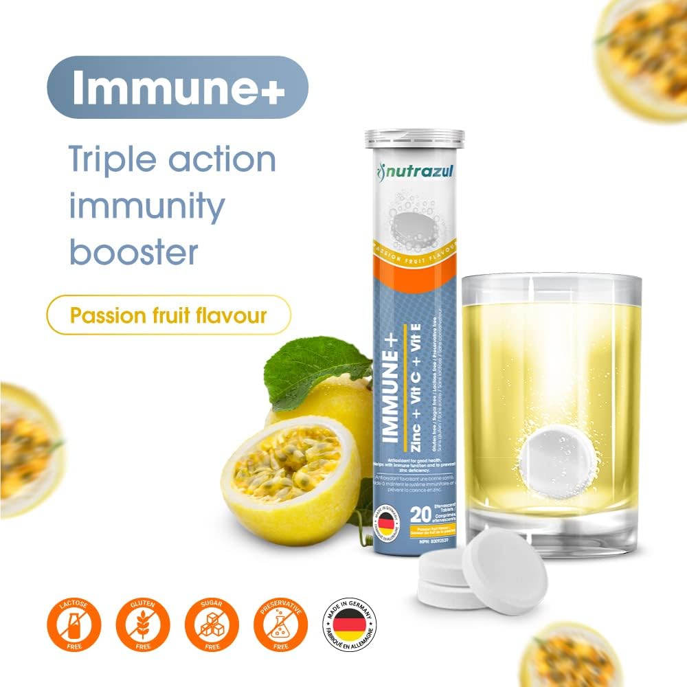 Nutrazul Immune+ Effervescent Tablets, Vitamin C and Zinc with Vitamin E - 150 mg - 20 Tablets - Flavour Orange