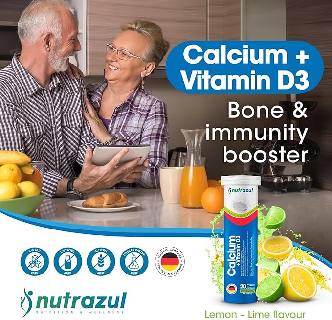 Nutrazul Calcium + Vitamin D3 - Effervescent Tablets - 500 mg - 60 Tablets - Flavour Lemon, Lime
