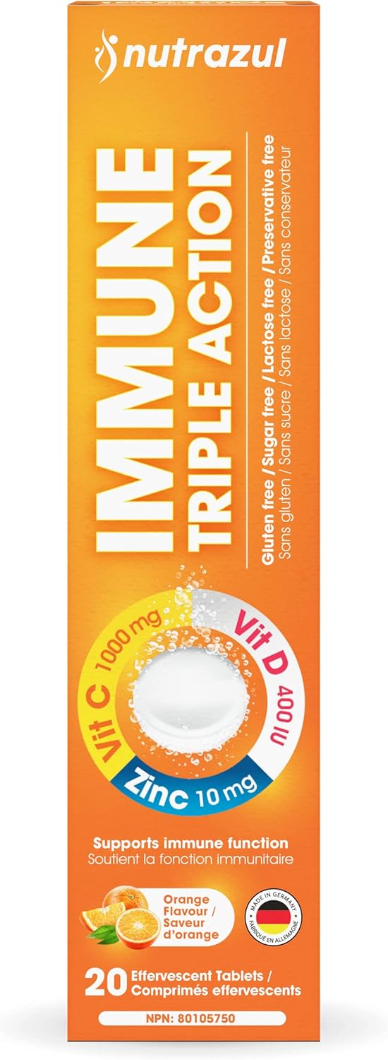 Nutrazul Immune Triple Action Effervescent Tablets - Vitamin C 1000 mg, Vitamin D 400 IU, Zinc 10mg I Orange 20's ( Pack of 3)