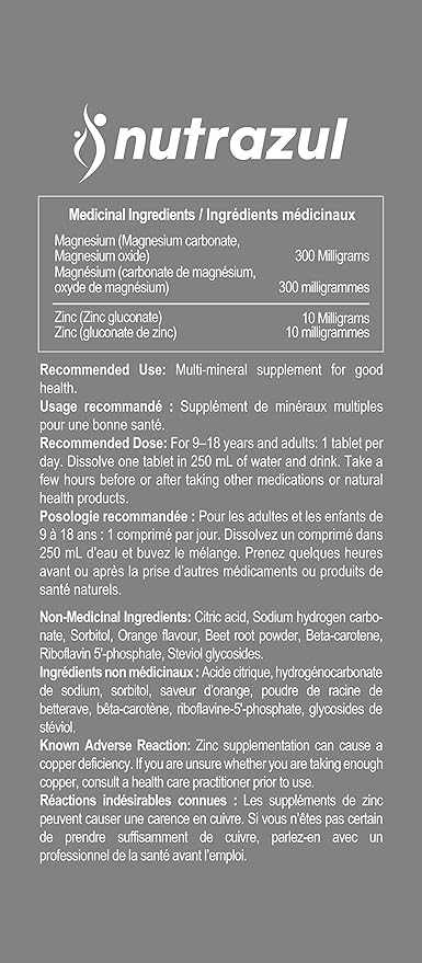 Comprimés effervescents Nutrazul ACTIVE au magnésium et au zinc | 60 comprimés