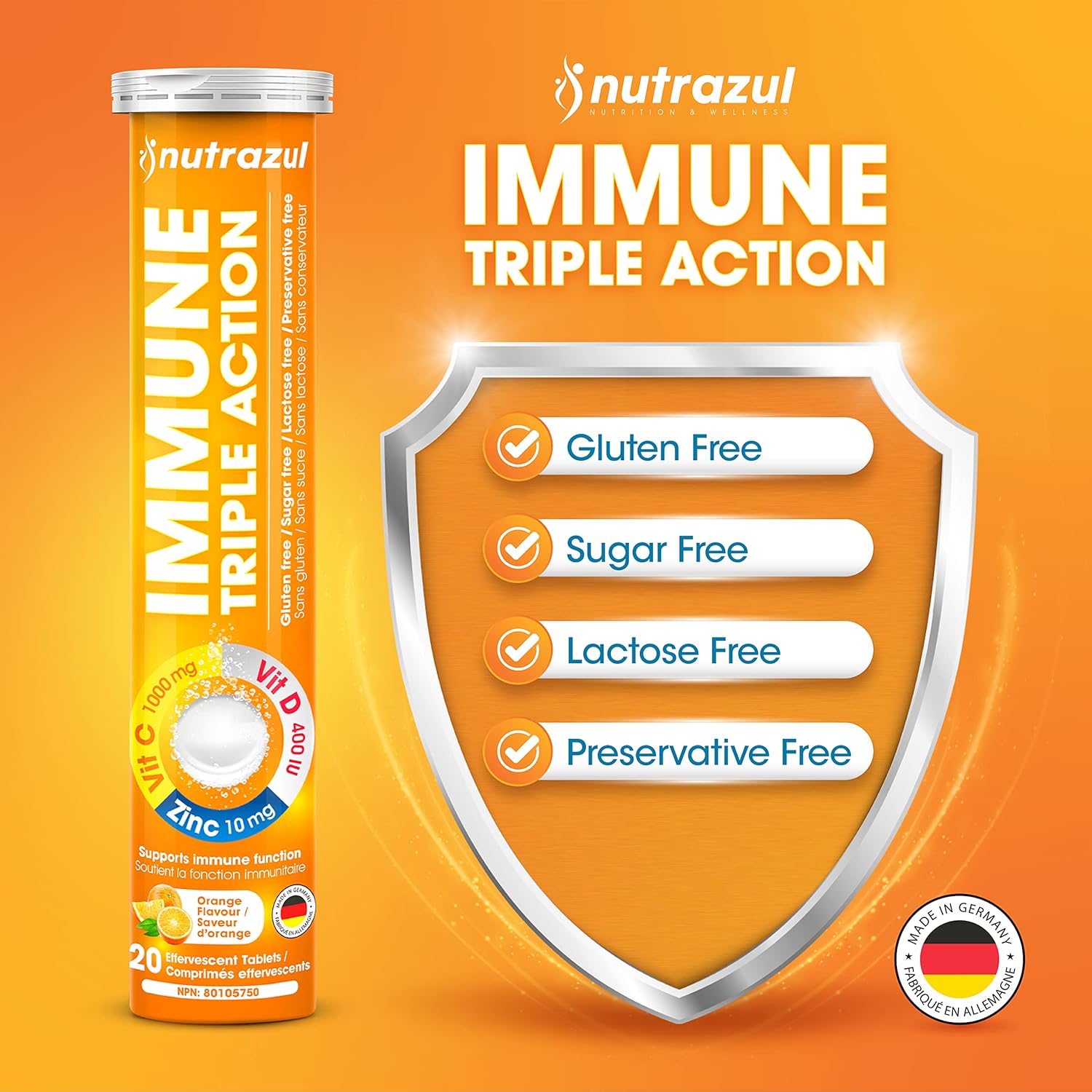 Nutrazul Immune Triple Action Effervescent Tablets - Vitamin C 1000 mg, Vitamin D 400 IU, Zinc 10mg I Orange 20's ( Pack of 3)