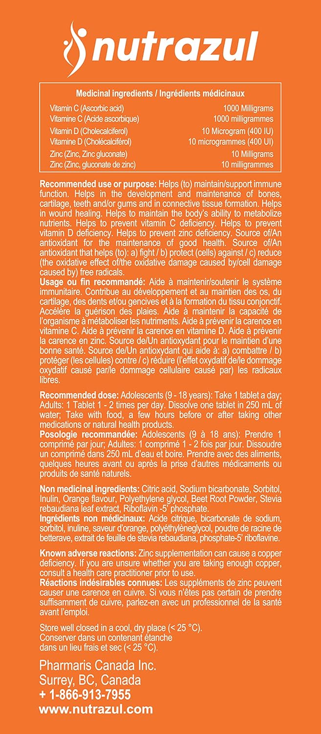 Nutrazul Immune Triple Action Effervescent Tablets - Vitamin C 1000 mg, Vitamin D 400 IU, Zinc 10mg I Orange 20's ( Pack of 3)