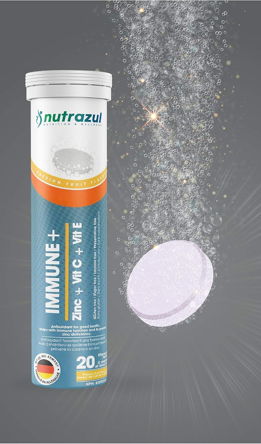 Nutrazul Immune+ Effervescent Tablets, Vitamin C and Zinc with Vitamin E - 150 mg - 20 Tablets - Flavour Orange
