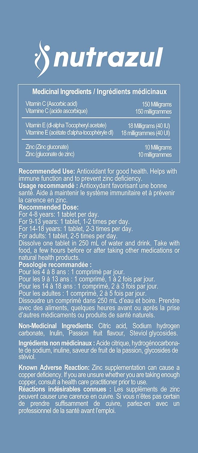 Comprimés effervescents Nutrazul Immune+ | Vitamine C et zinc avec vitamine E | 60 comprimés