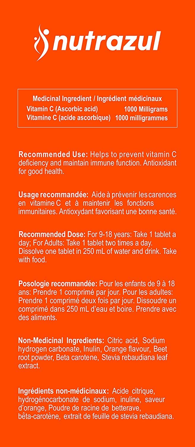 Comprimés effervescents Nutrazul Vitamine C 1000 mg - Orange (paquet de 5 x 20)