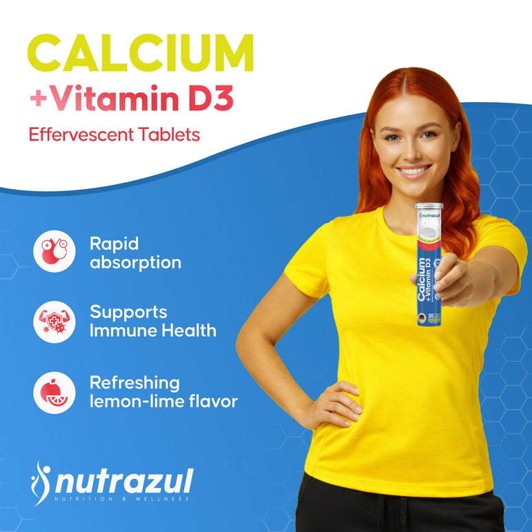 Nutrazul® Calcium + Vitamin D3 Effervescent Tablets | 500mg, 60 Tablets, Lemon & Lime Flavor