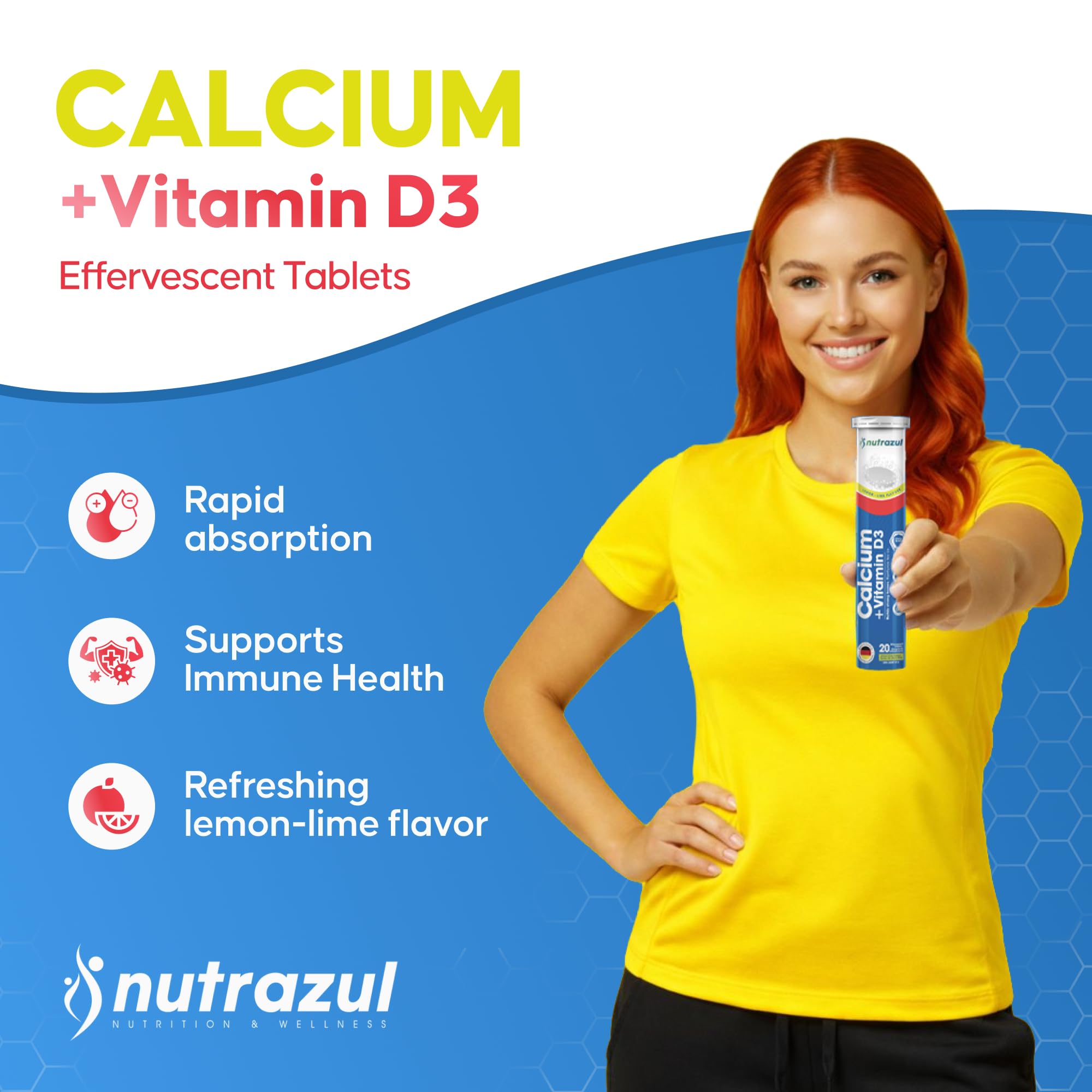 Nutrazul® Calcium + Vitamin D3 Effervescent Tablets | 500mg, 60 Tablets, Lemon & Lime Flavor