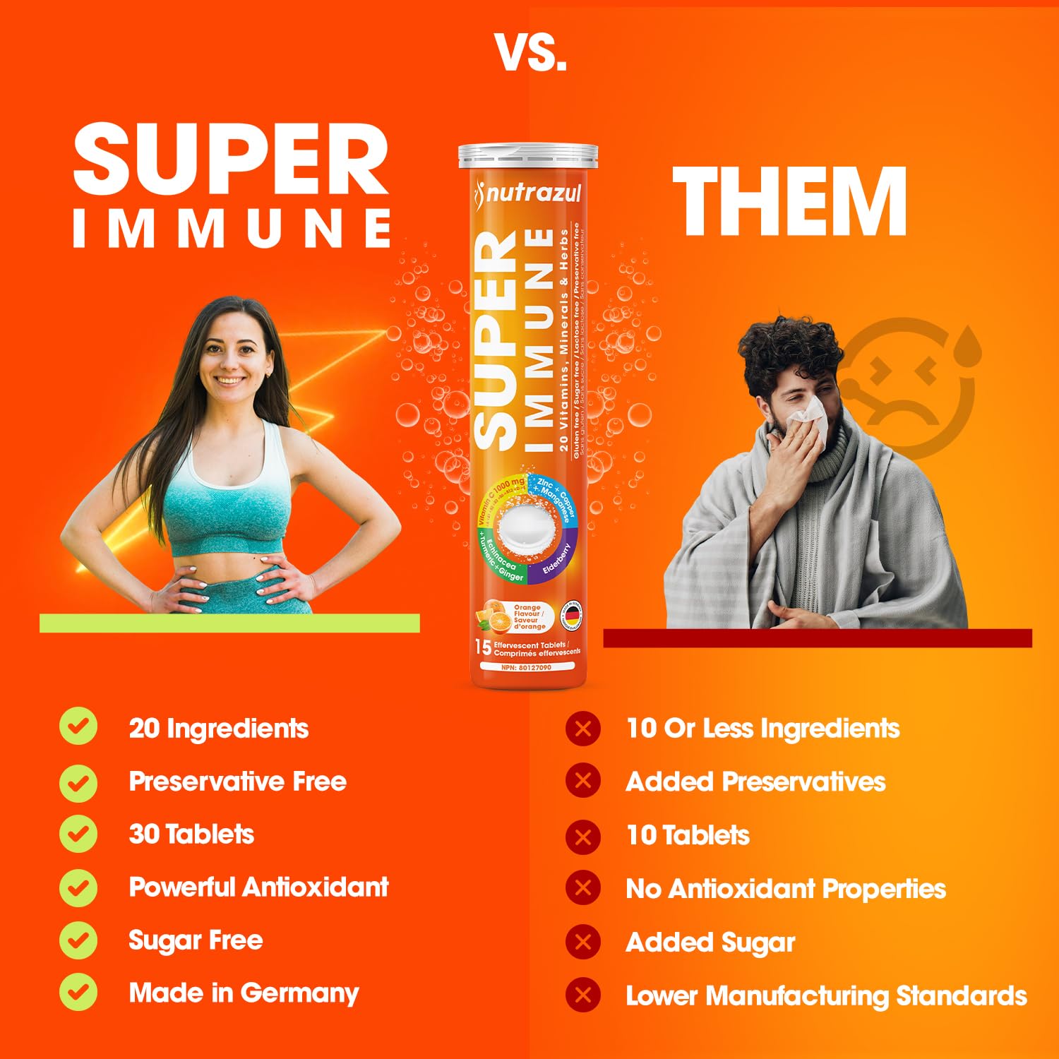 Comprimés effervescents Nutrazul Super Immune | Maintien du système immunitaire et soutien antioxydant