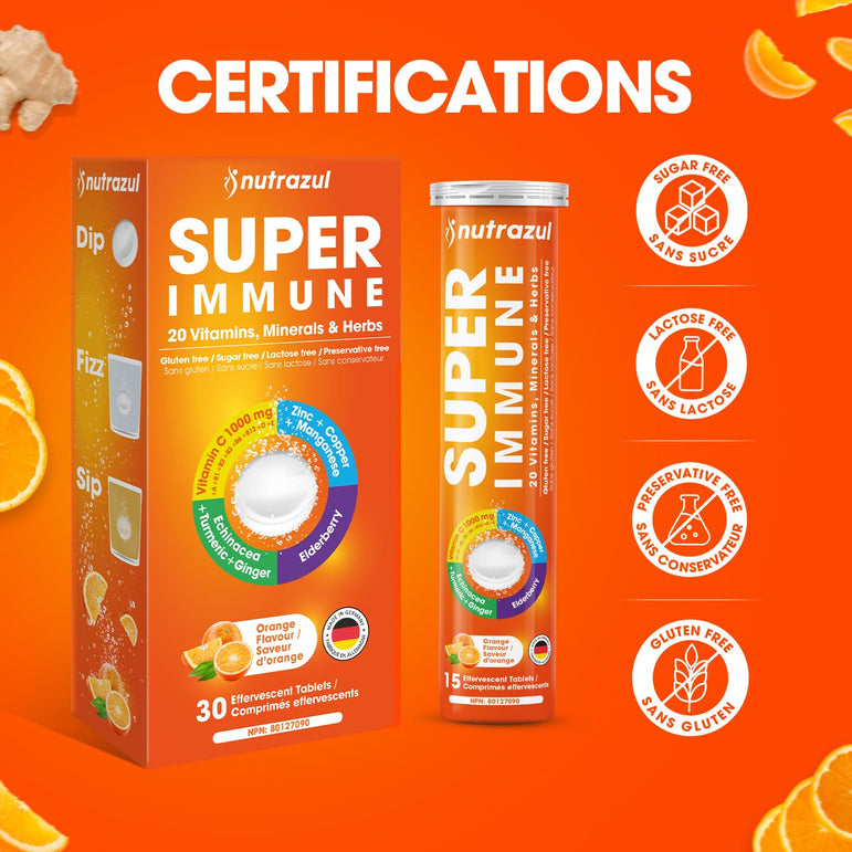 Comprimés effervescents Nutrazul Super Immune | Maintien du système immunitaire et soutien antioxydant
