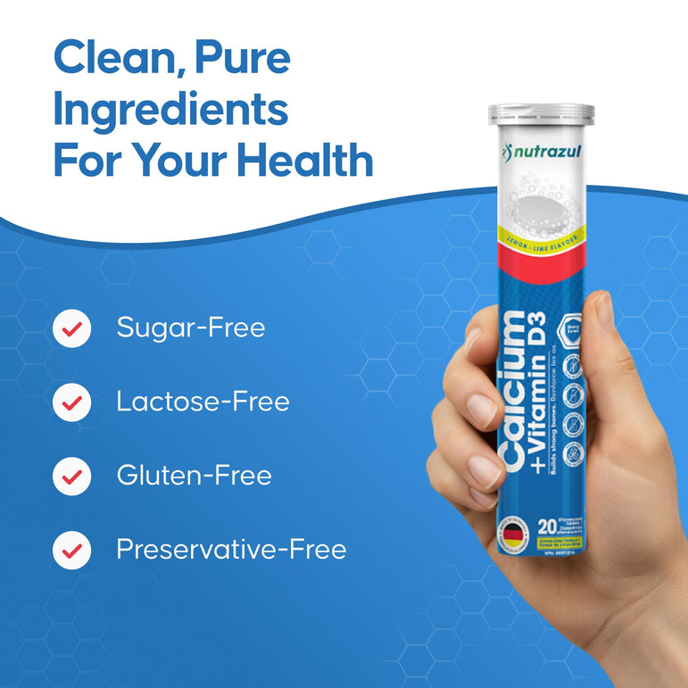 Nutrazul® Calcium + Vitamin D3 Effervescent Tablets | 500mg, 60 Tablets, Lemon & Lime Flavor