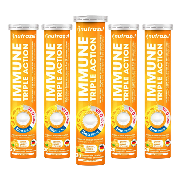 Comprimés effervescents Nutrazul Immune Triple Action - Vitamine C 1000 mg, vitamine D 400 UI, zinc 10 mg, orange, 20 comprimés (lot de 5)