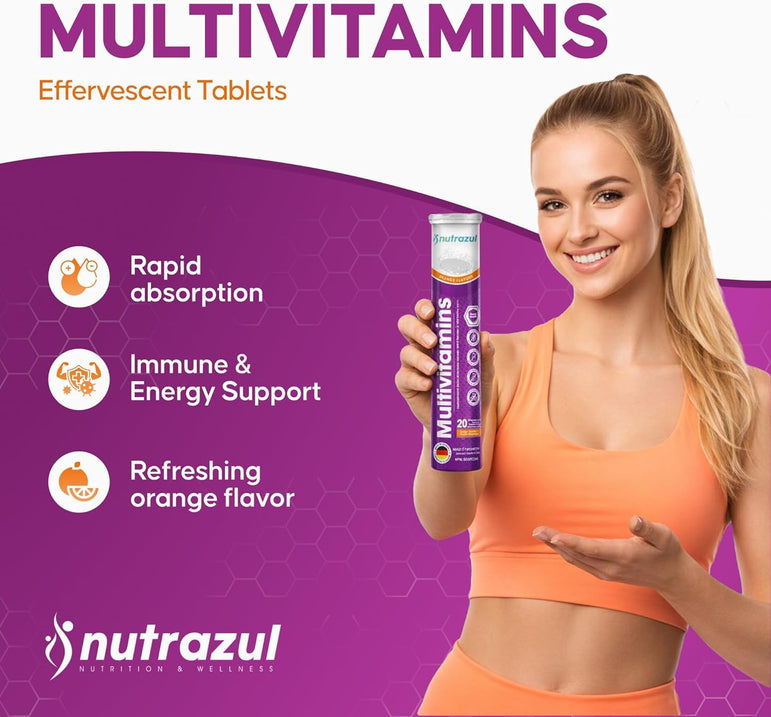 Nutrazul® Multivitamin Effervescent Tablets | Immune Support with 9 Essential Vitamins, 60 Tablets, Orange Flavor