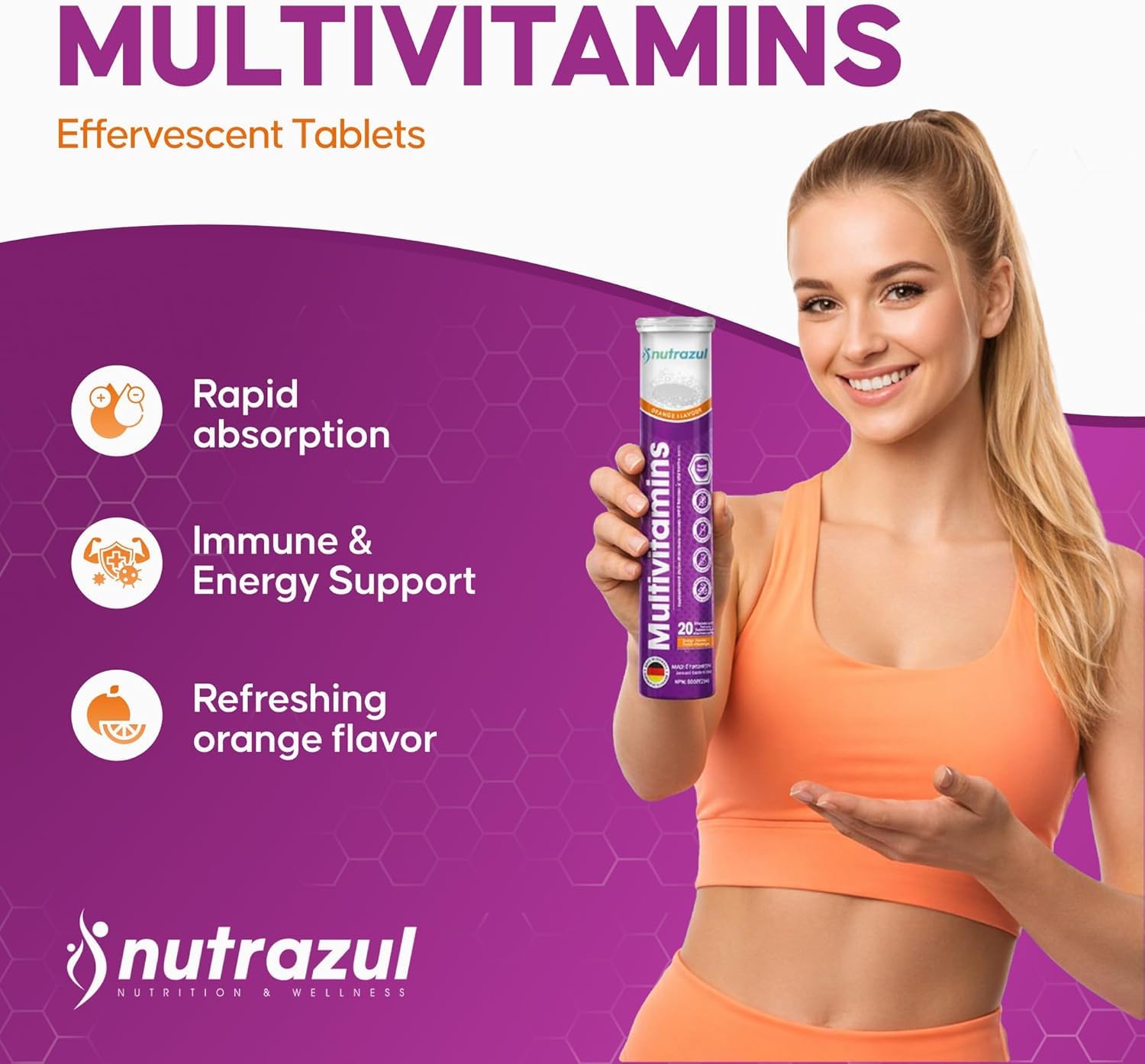 Nutrazul® Multivitamin Effervescent Tablets | Immune Support with 9 Essential Vitamins, 60 Tablets, Orange Flavor