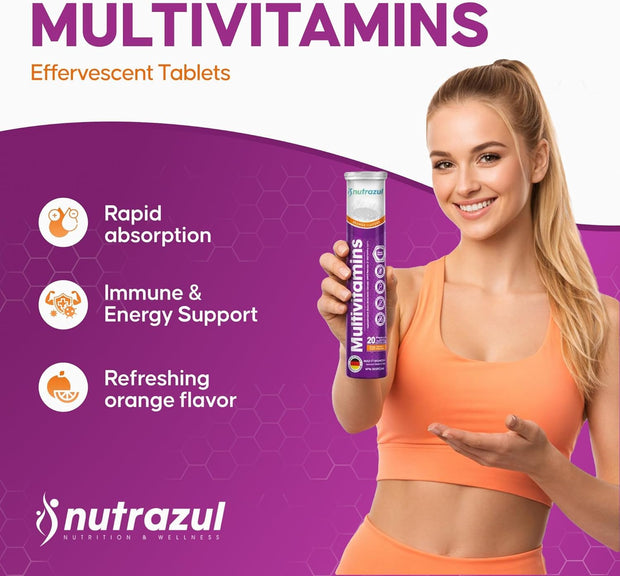 Nutrazul Multivitamines - Comprimés effervescents, 60 comprimés, Soutien immunitaire avec 9 vitamines essentielles - 20 comprimés - Saveur orange