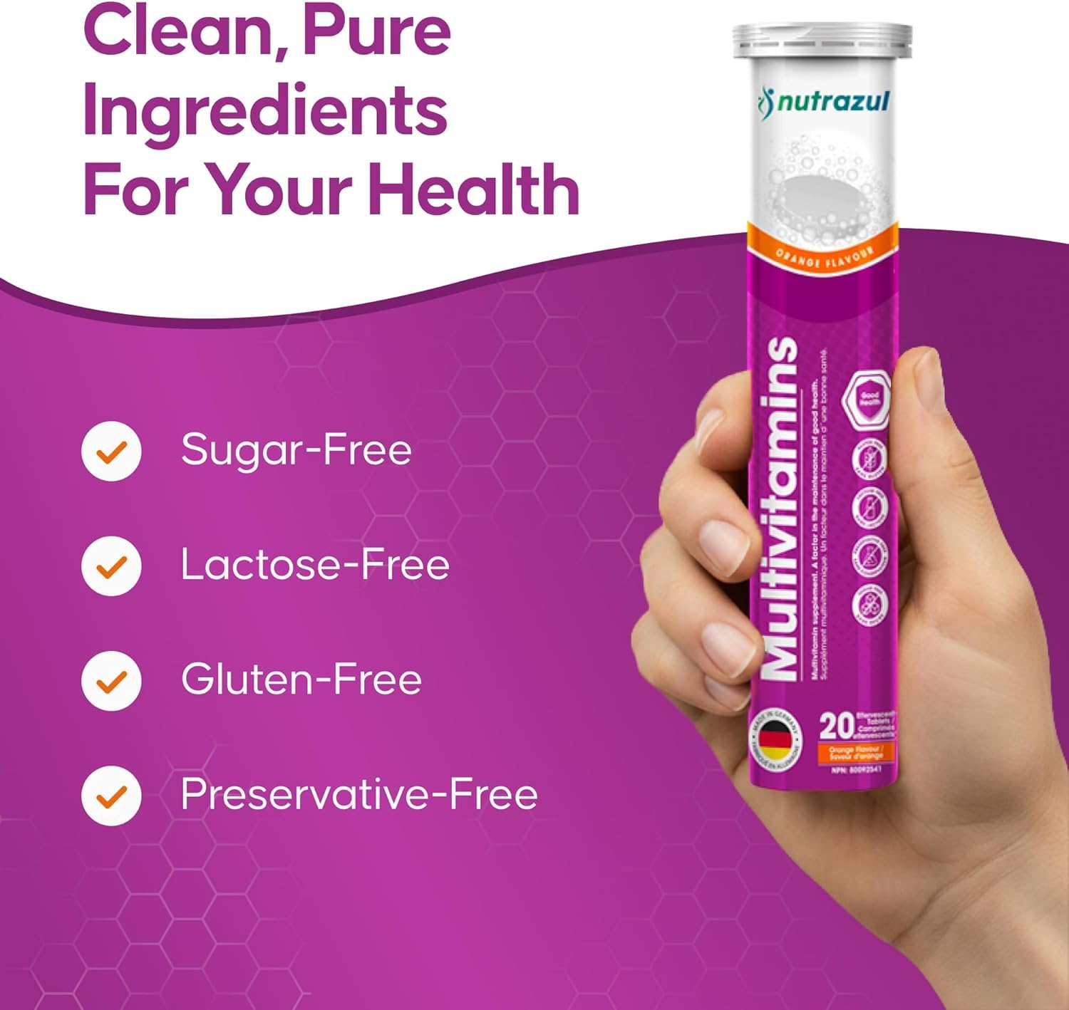 Nutrazul® Multivitamin Effervescent Tablets | Immune Support with 9 Essential Vitamins, 60 Tablets, Orange Flavor