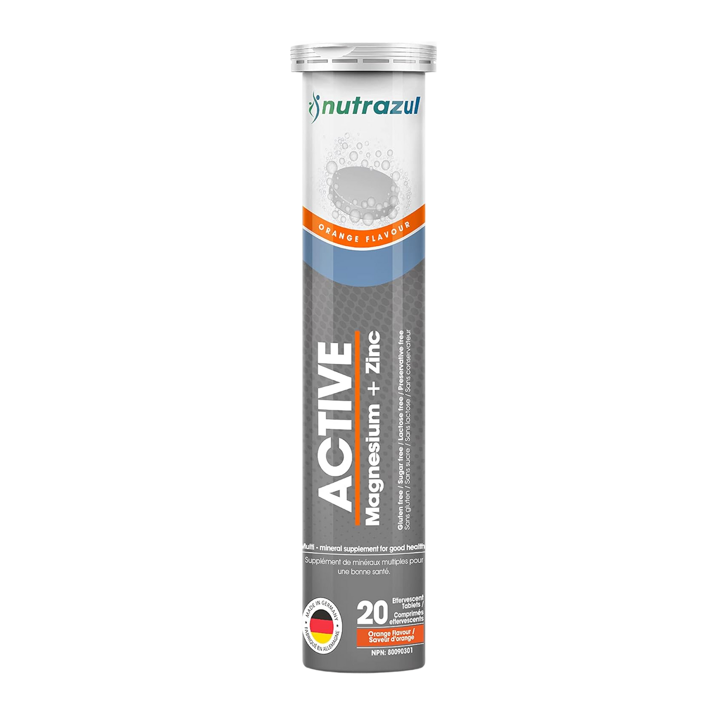 Nutrazul ACTIVE Magnesium + Zinc Effervescent Tablets -  300 mg - 20 Tablets - Flavour Orange