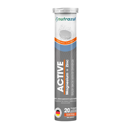 Nutrazul ACTIVE Magnesium + Zinc Effervescent Tablets -  300 mg - 20 Tablets - Flavour Orange