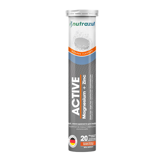 Nutrazul ACTIVE Magnesium + Zinc Effervescent Tablets -  300 mg - 20 Tablets - Flavour Orange