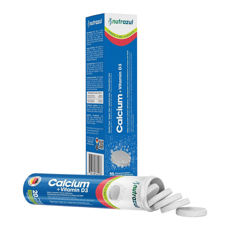 Nutrazul Calcium + Vitamine D3 - Comprimés effervescents - 500 mg - 20 comprimés - Saveur citron, citron vert