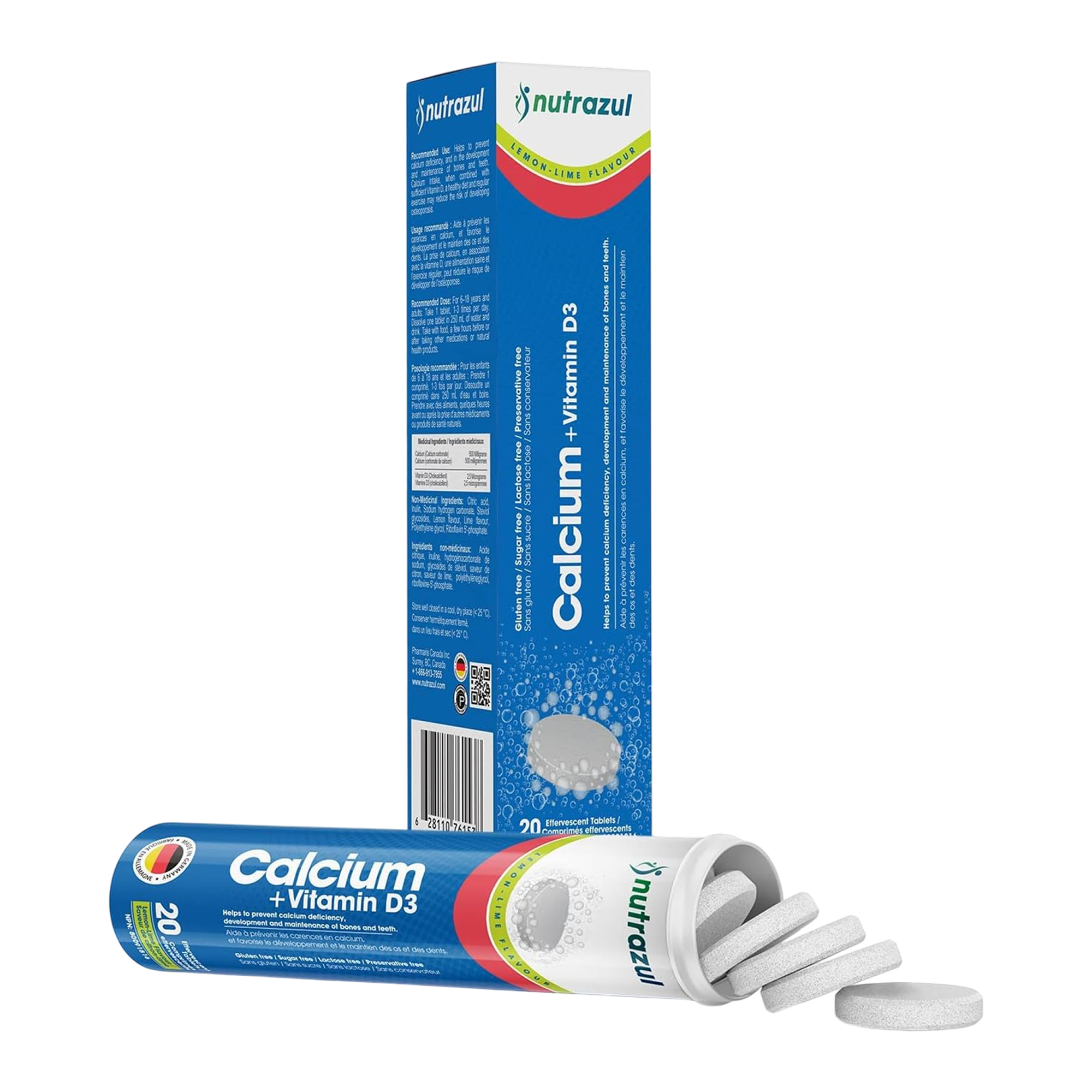 Nutrazul Calcium + Vitamine D3 - Comprimés effervescents - 500 mg - 20 comprimés - Saveur citron, citron vert