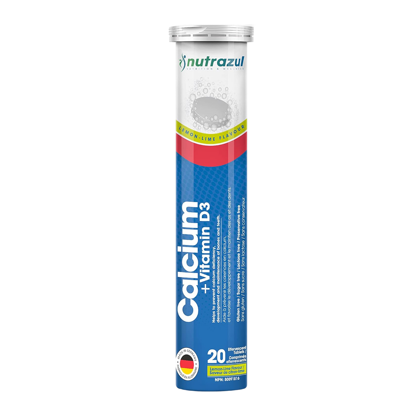 Nutrazul Calcium + Vitamin D3 - Effervescent Tablets - 500 mg - 20 Tablets - Flavour Lemon, Lime