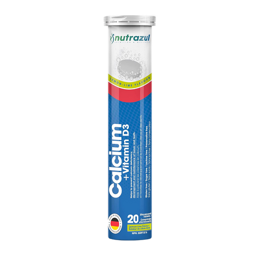 Nutrazul Calcium + Vitamin D3 - Effervescent Tablets - 500 mg - 20 Tablets - Flavour Lemon, Lime