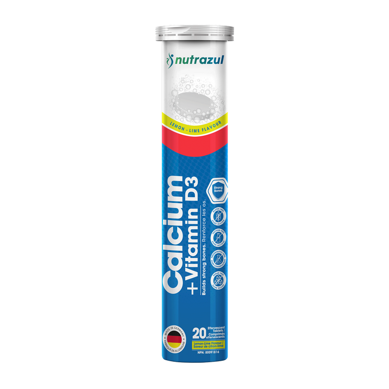 Nutrazul Calcium + Vitamine D3 - Comprimés effervescents - 500 mg - 20 comprimés - Saveur citron, citron vert