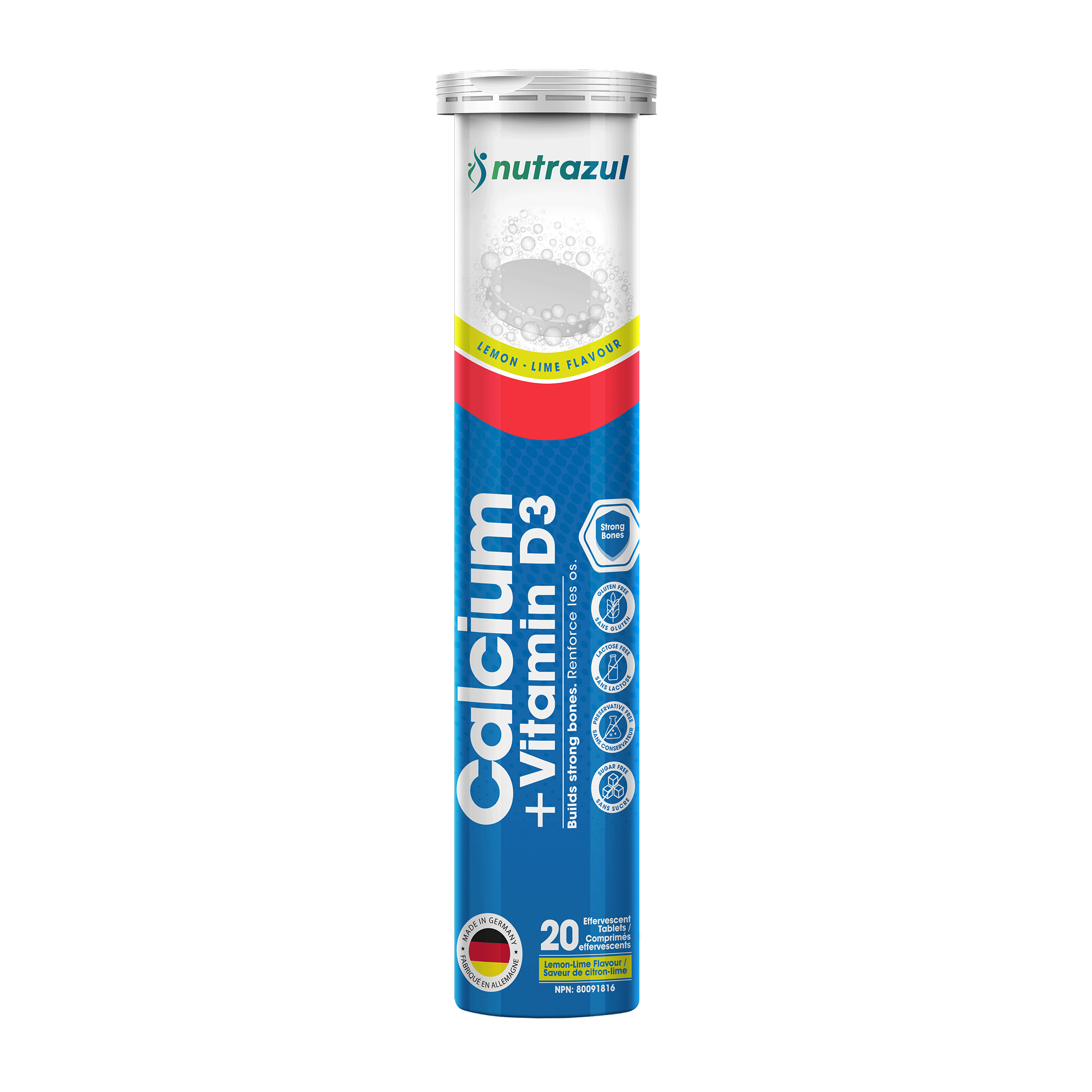 Nutrazul Calcium + Vitamine D3 - Comprimés effervescents - 500 mg - 20 comprimés - Saveur citron, citron vert