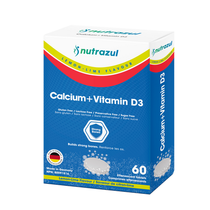 Nutrazul Calcium + Vitamin D3 - Effervescent Tablets - 500 mg - 60 Tablets - Flavour Lemon, Lime