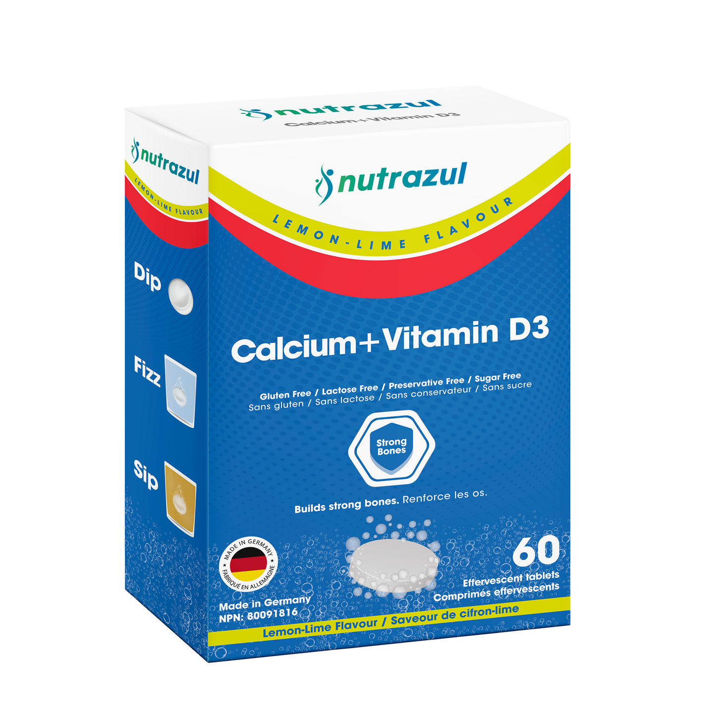 Nutrazul Calcium + Vitamin D3 - Effervescent Tablets - 500 mg - 60 Tablets - Flavour Lemon, Lime