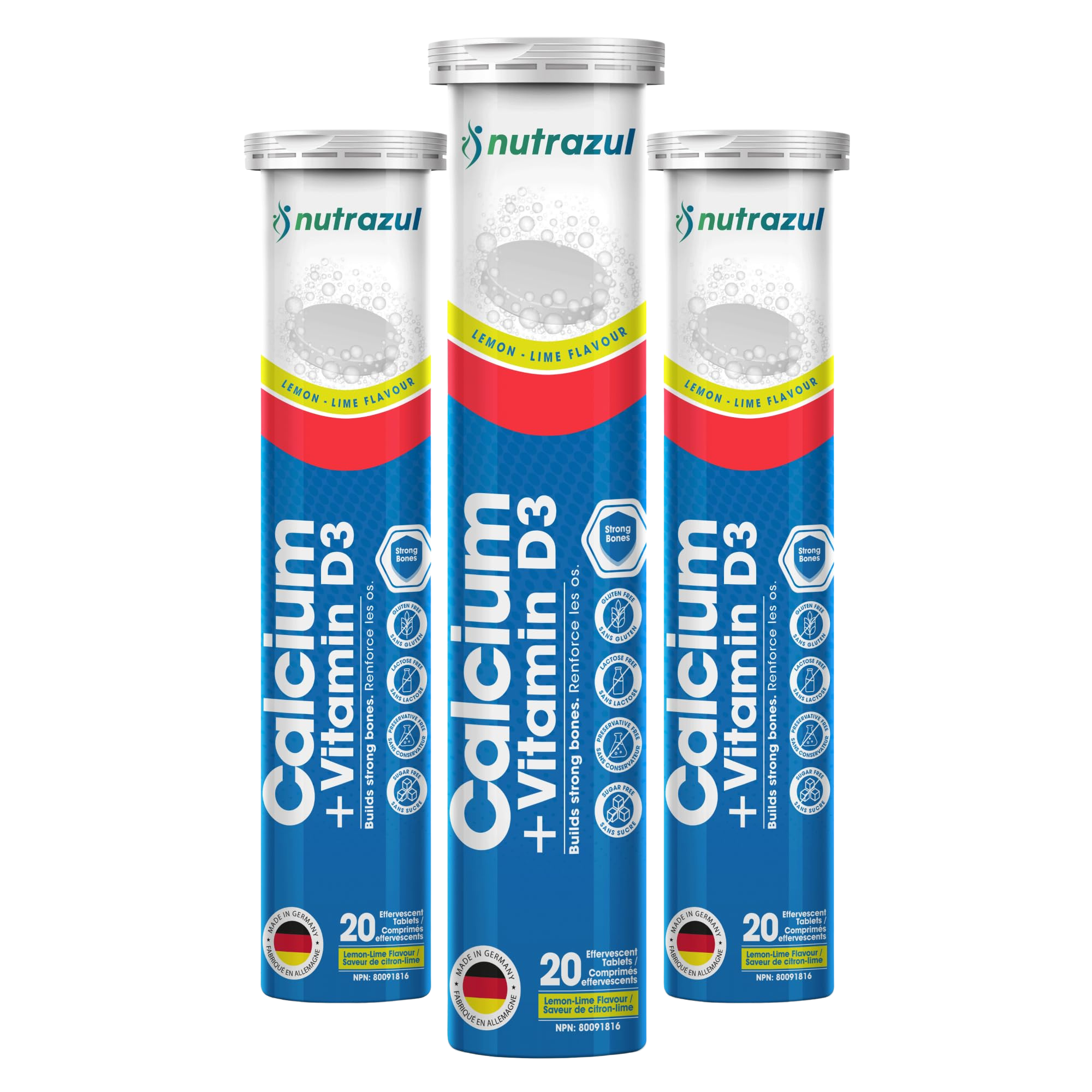 Nutrazul® Calcium + Vitamin D3 Effervescent Tablets | 500mg, 60 Tablets, Lemon & Lime Flavor