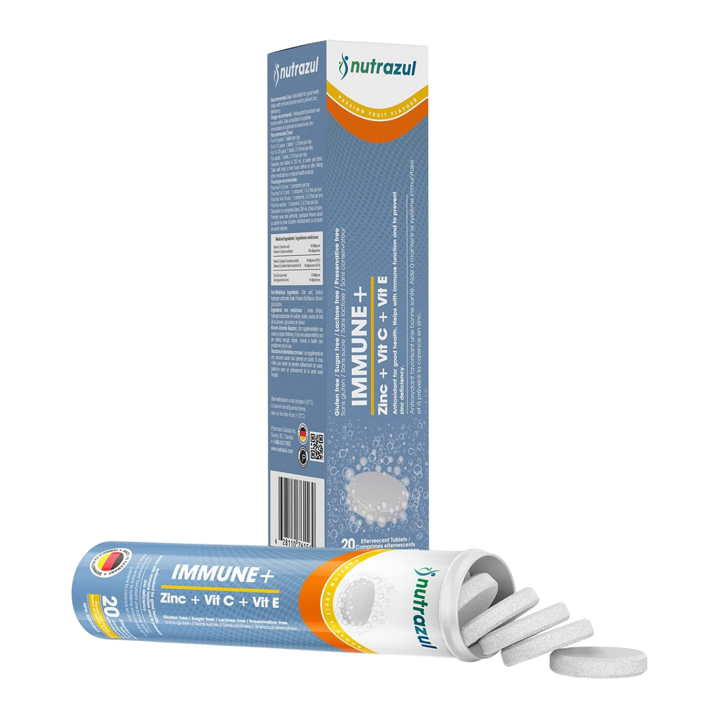 Nutrazul Immune+ Effervescent Tablets, Vitamin C and Zinc with Vitamin E - 150 mg - 20 Tablets - Flavour Orange