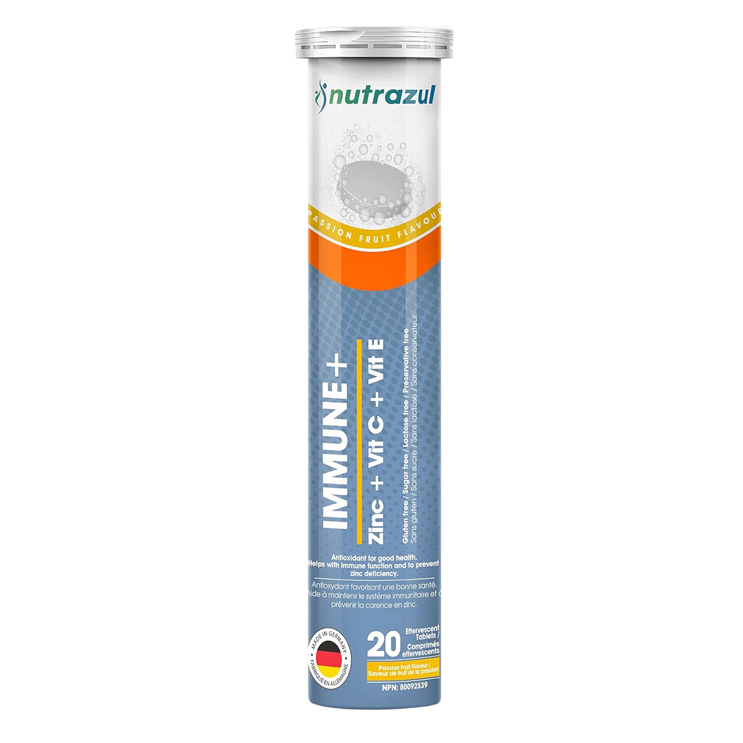 Nutrazul Immune+ Effervescent Tablets, Vitamin C and Zinc with Vitamin E - 150 mg - 20 Tablets - Flavour Orange