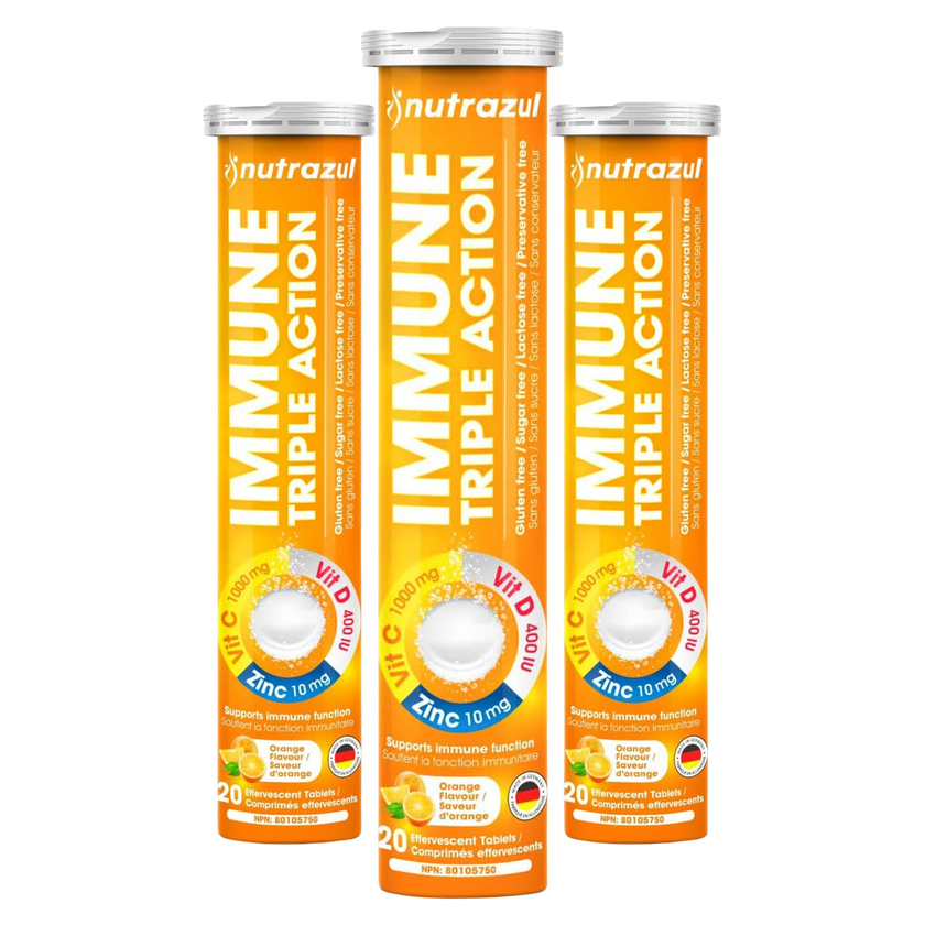 Comprimés effervescents Nutrazul Immune Triple Action - Vitamine C 1000 mg, vitamine D 400 UI, zinc 10 mg, orange, 20 comprimés (lot de 3)
