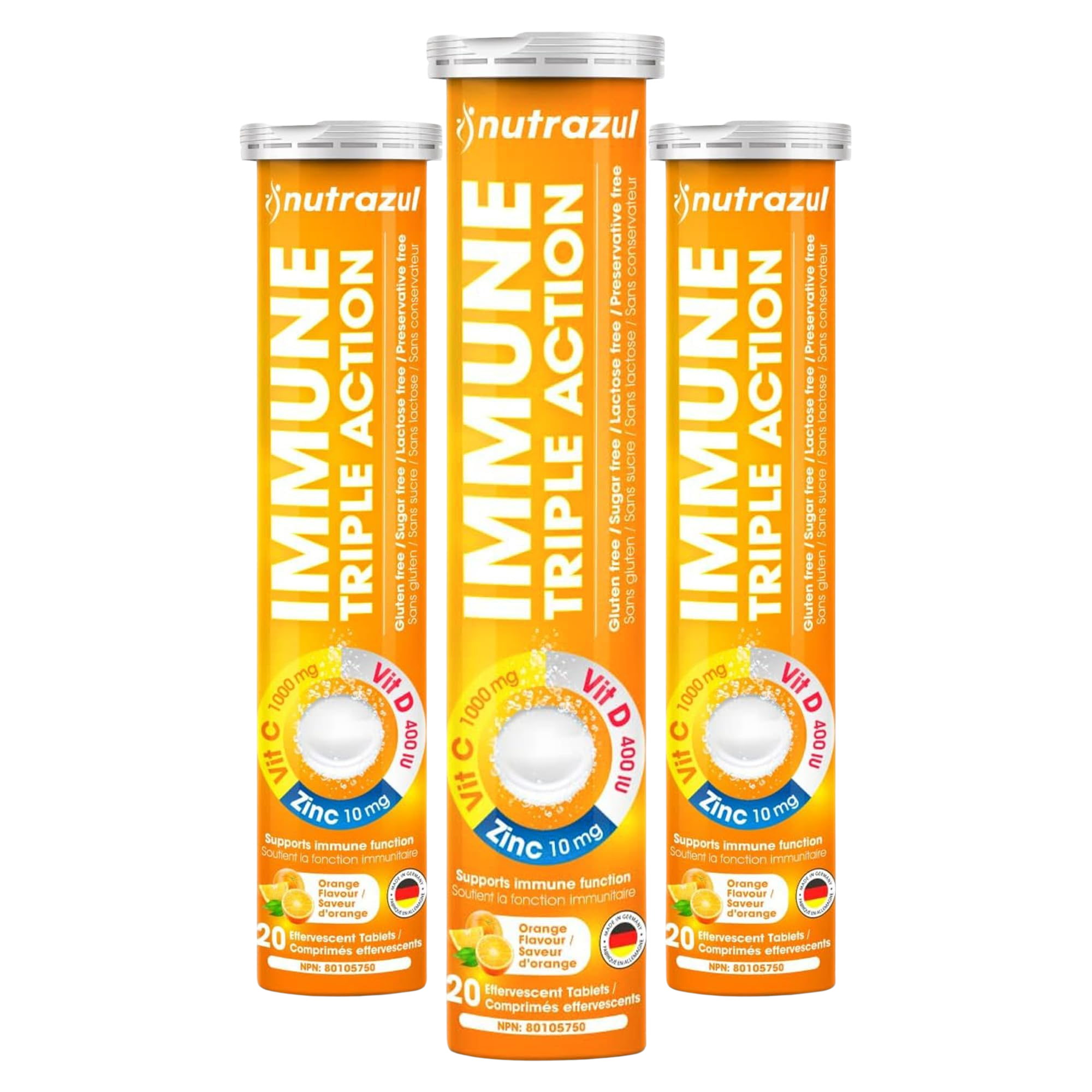 Comprimés effervescents Nutrazul Immune Triple Action - Vitamine C 1000 mg, vitamine D 400 UI, zinc 10 mg, orange, 20 comprimés (lot de 3)