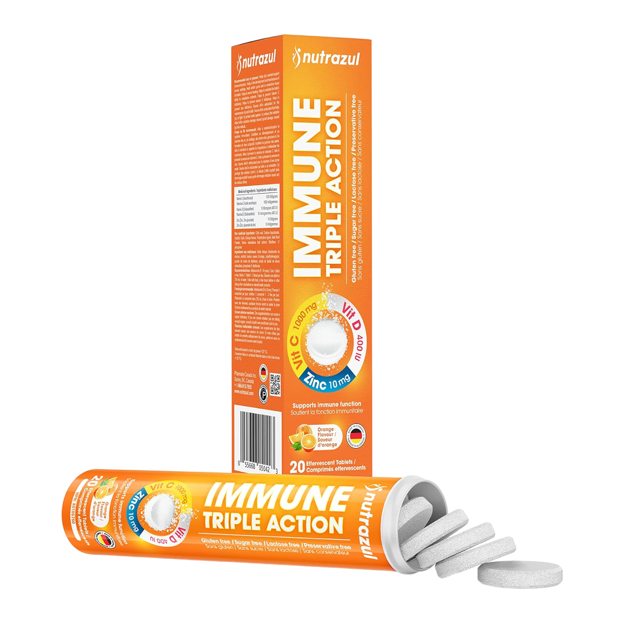 Comprimés effervescents Nutrazul Immune Triple Action - 1000 mg - 20 comprimés Vitamine C - Saveur orange
