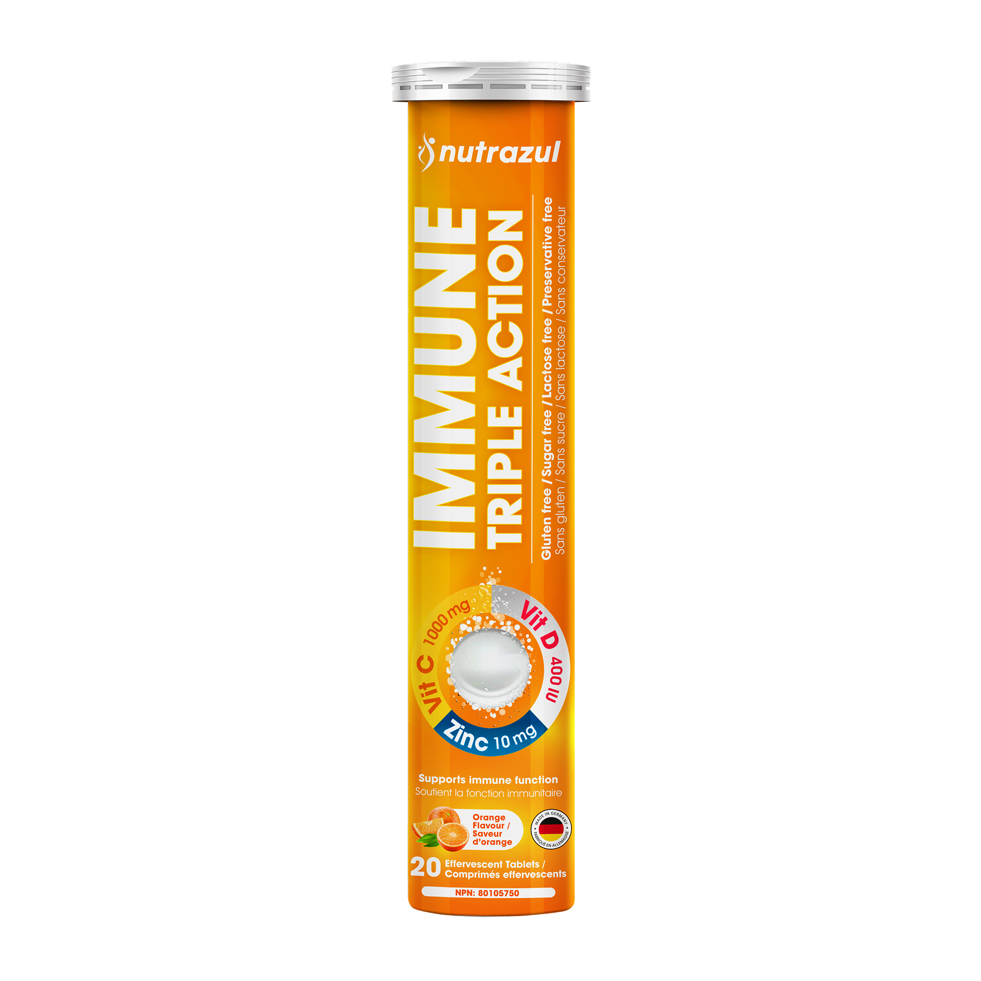 Comprimés effervescents Nutrazul Immune Triple Action - 1000 mg - 20 comprimés Vitamine C - Saveur orange