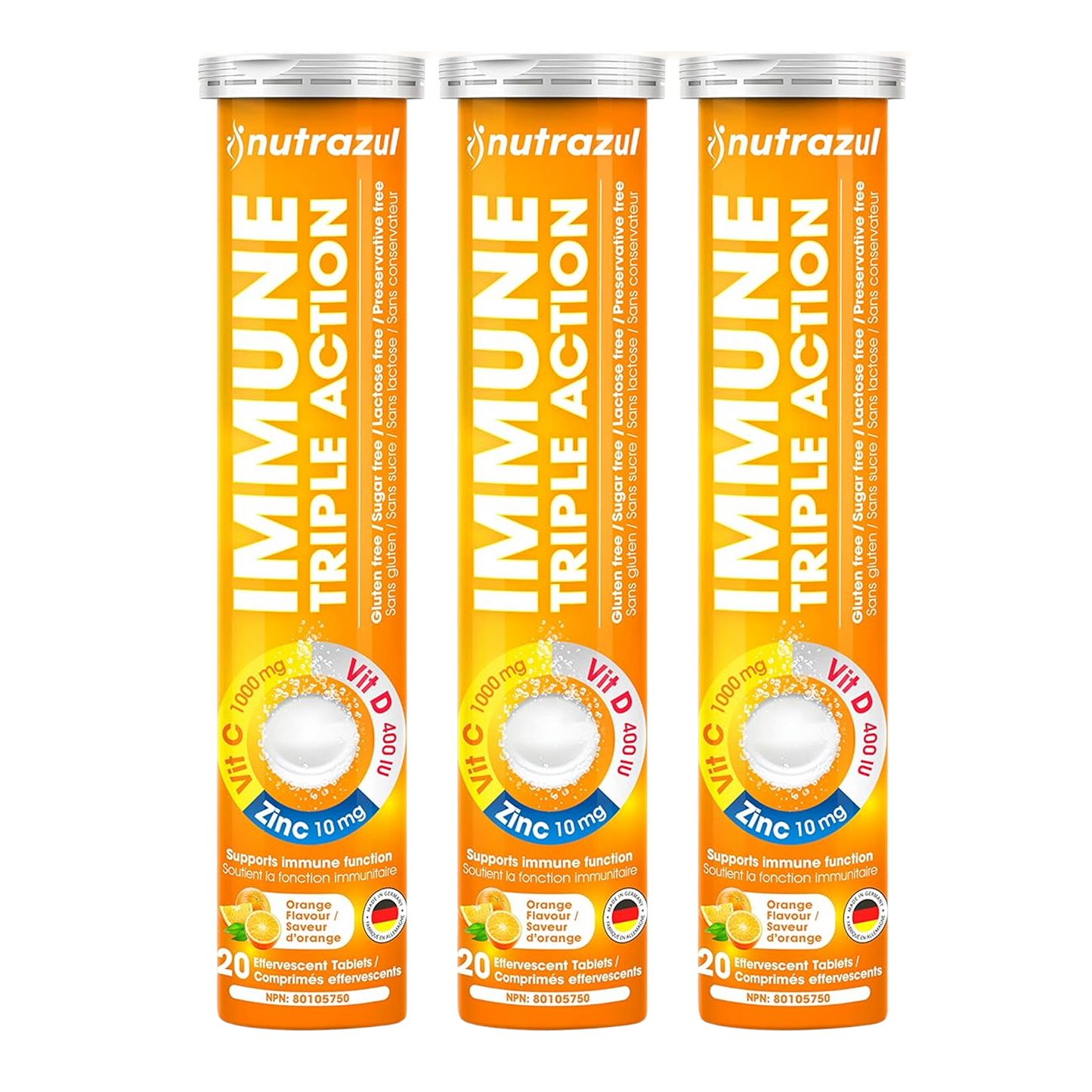 Nutrazul Immune Triple Action Effervescent Tablets - Vitamin C 1000 mg, Vitamin D 400 IU, Zinc 10mg I Orange 20's ( Pack of 3)