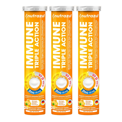 Nutrazul Immune Triple Action Effervescent Tablets - Vitamin C 1000 mg, Vitamin D 400 IU, Zinc 10mg I Orange 20's ( Pack of 3)