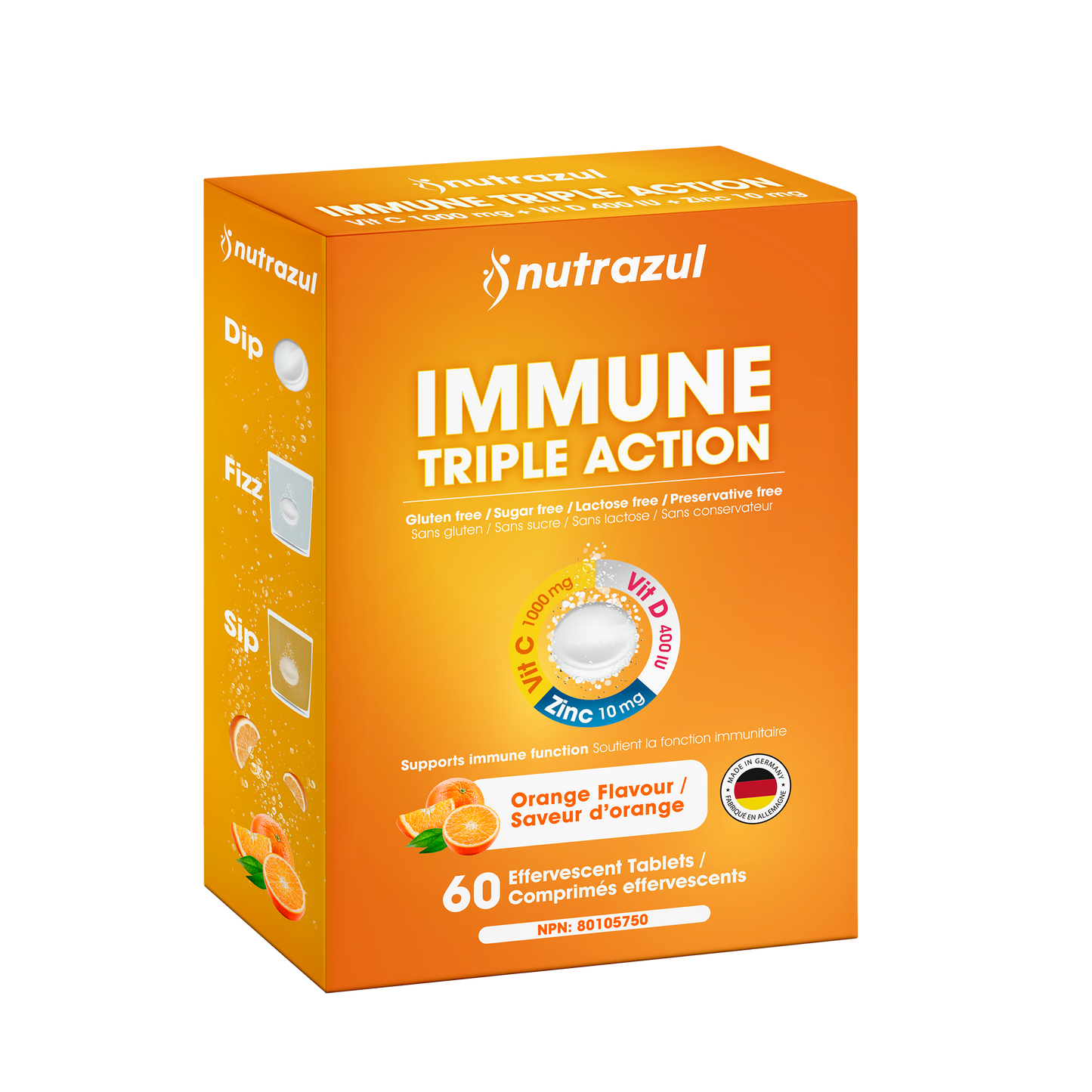 Nutrazul Immune Triple Action Effervescent Tablets - Vitamin C 1000 mg, Vitamin D 400 IU, Zinc 10mg I Orange 20's ( Pack of 3)