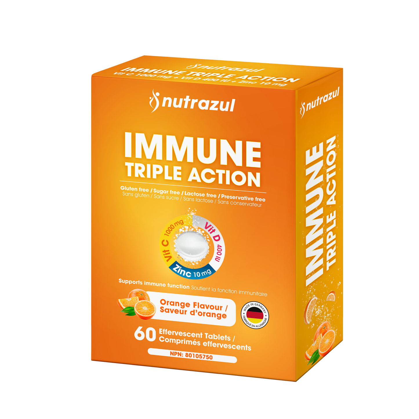 Nutrazul Immune Triple Action Effervescent Tablets - Vitamin C 1000 mg, Vitamin D 400 IU, Zinc 10mg I Orange 20's ( Pack of 3)