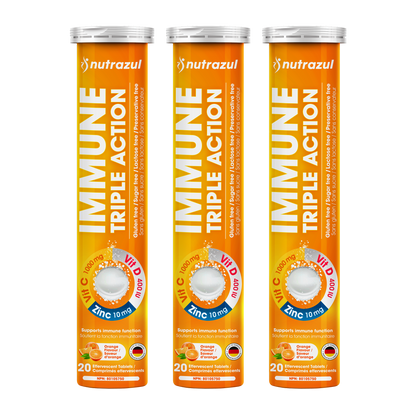 Nutrazul Immune Triple Action Effervescent Tablets - Vitamin C 1000 mg, Vitamin D 400 IU, Zinc 10mg I Orange 20's ( Pack of 3)
