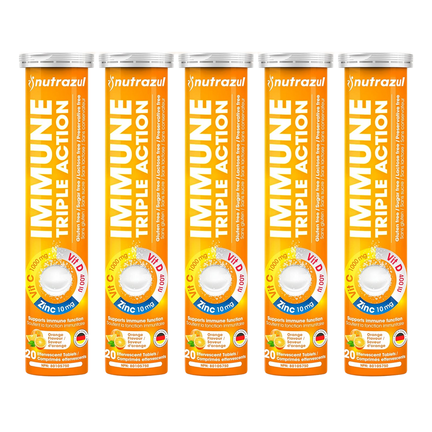Comprimés effervescents Nutrazul Immune Triple Action - Vitamine C 1000 mg, vitamine D 400 UI, zinc 10 mg, orange, 20 comprimés (lot de 5)